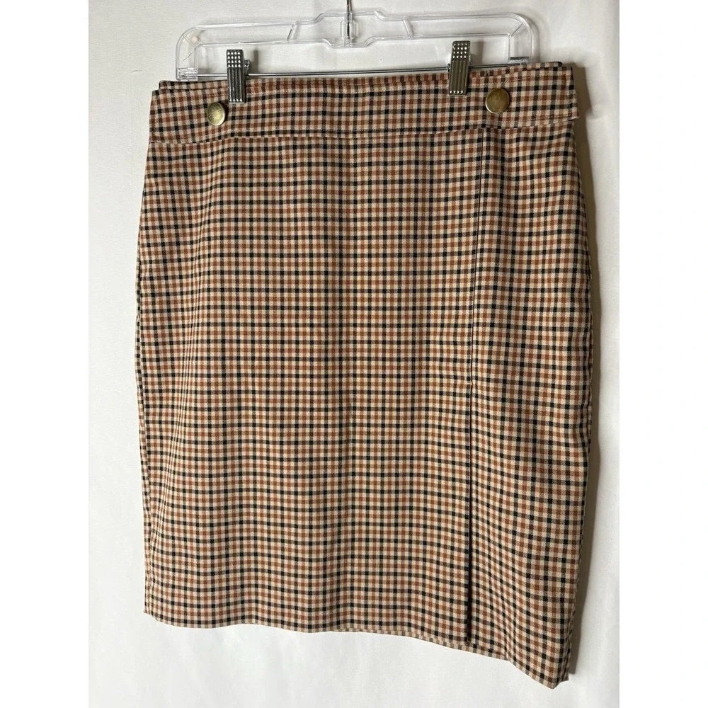 Ann Taylor‎ Factory Brown Plaid Straight Pencil Faux Wrap Skirt 8 Classic Career